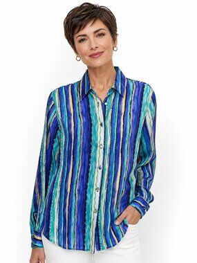 Robbie Bee Blue Purple Stripe 100% Silk Long Sleeve Blouse